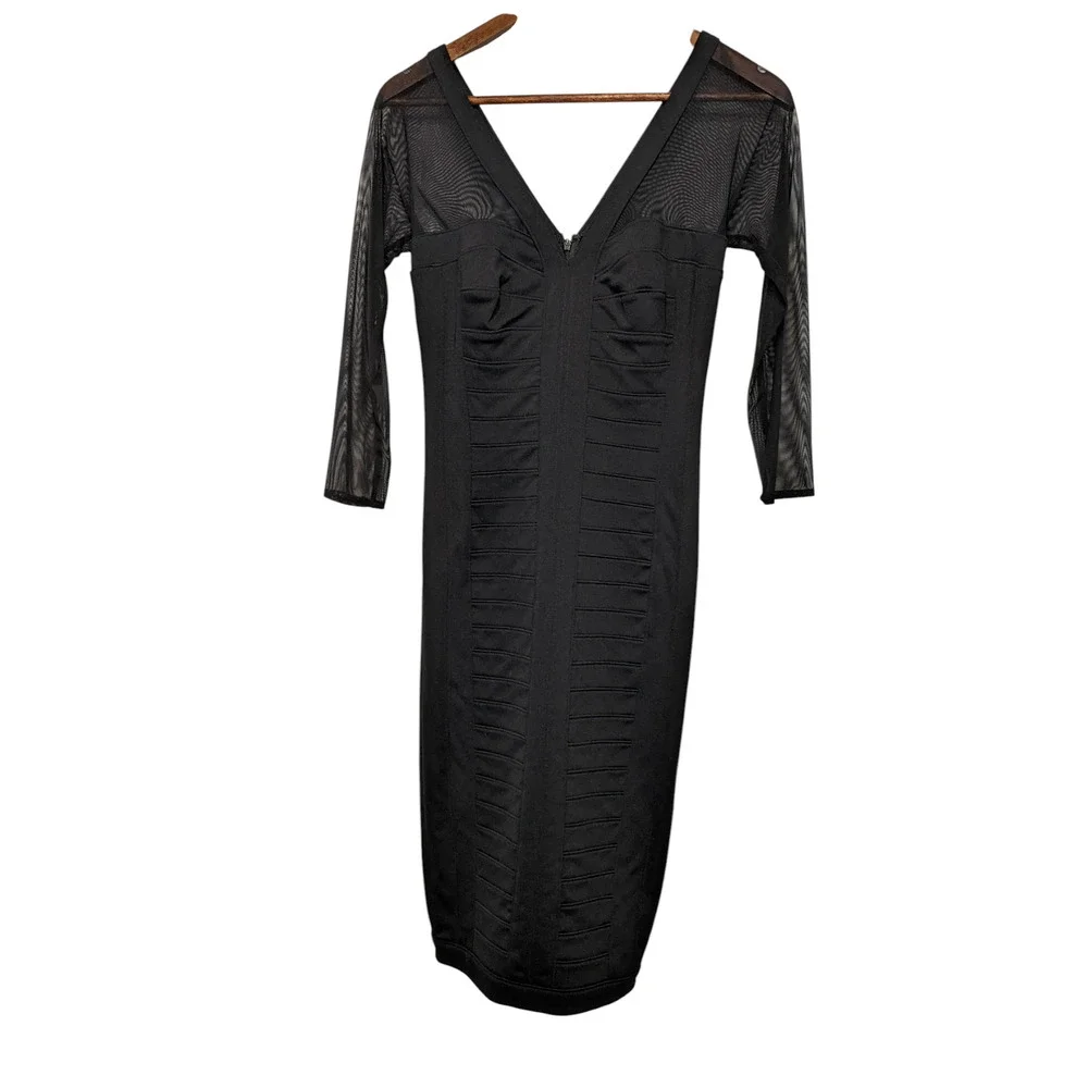 Tadashi Shoji Black Illusion Yoke Bandage Stretch Cocktail Evening Dress XS LBD - Picture 6 of 11